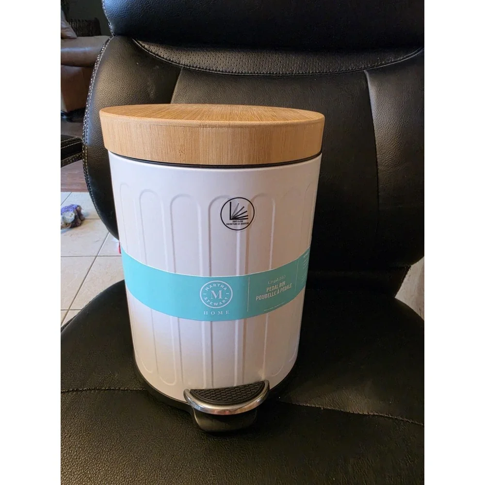 Martha Stewart Home 1.3-gallon pedal bin, durable white metal body w/...
